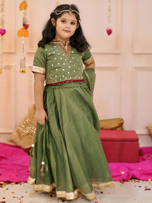 Girls Elegant Green Hand Work Detailing lehenga set