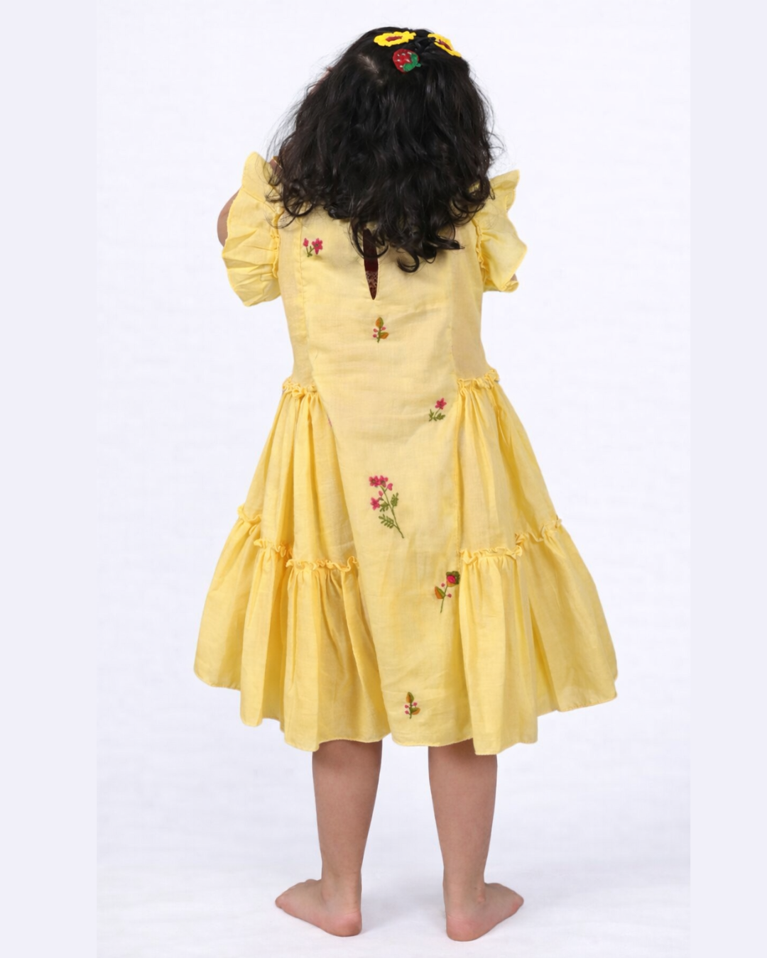 Girls Floral Embroidered Yellow Cotton Dress