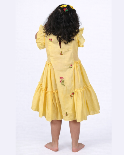 Girls Floral Embroidered Yellow Cotton Dress