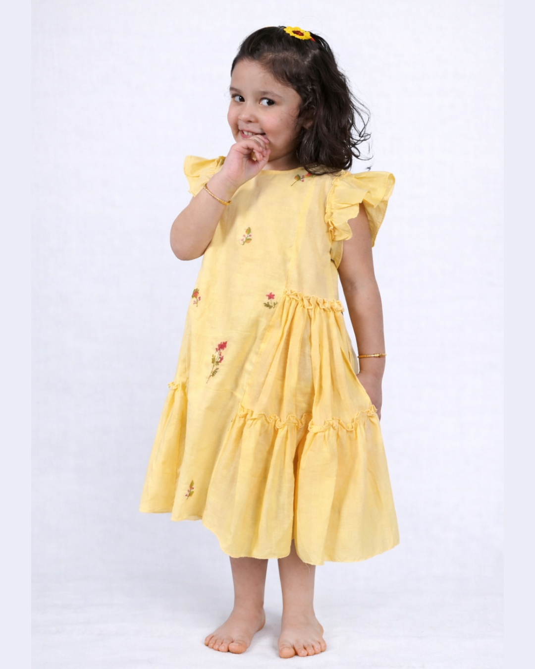 Girls Floral Embroidered Yellow Cotton Dress