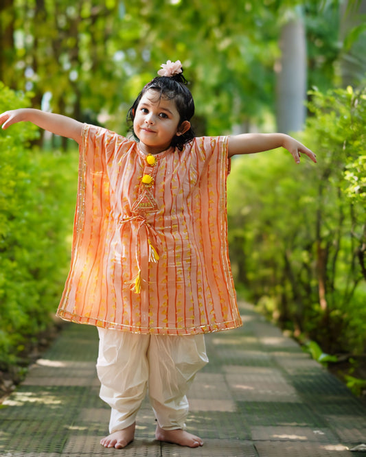 Girls :Peach Kaftan With Off-White Straight Pant