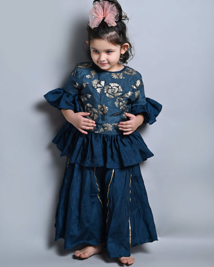 Girls : Siquence Embroidered Prussian Blue Palazzo Set