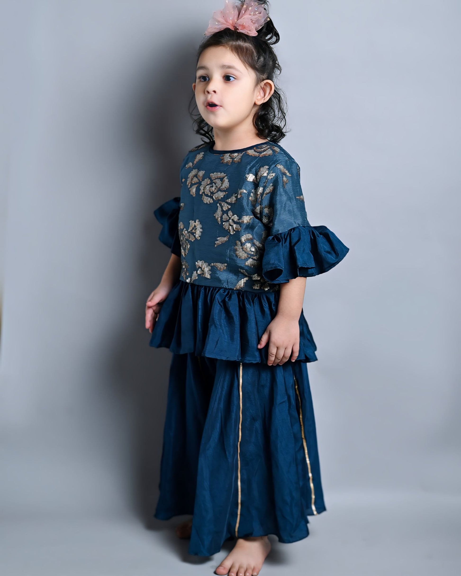 Girls : Siquence Embroidered Prussian Blue Palazzo Set