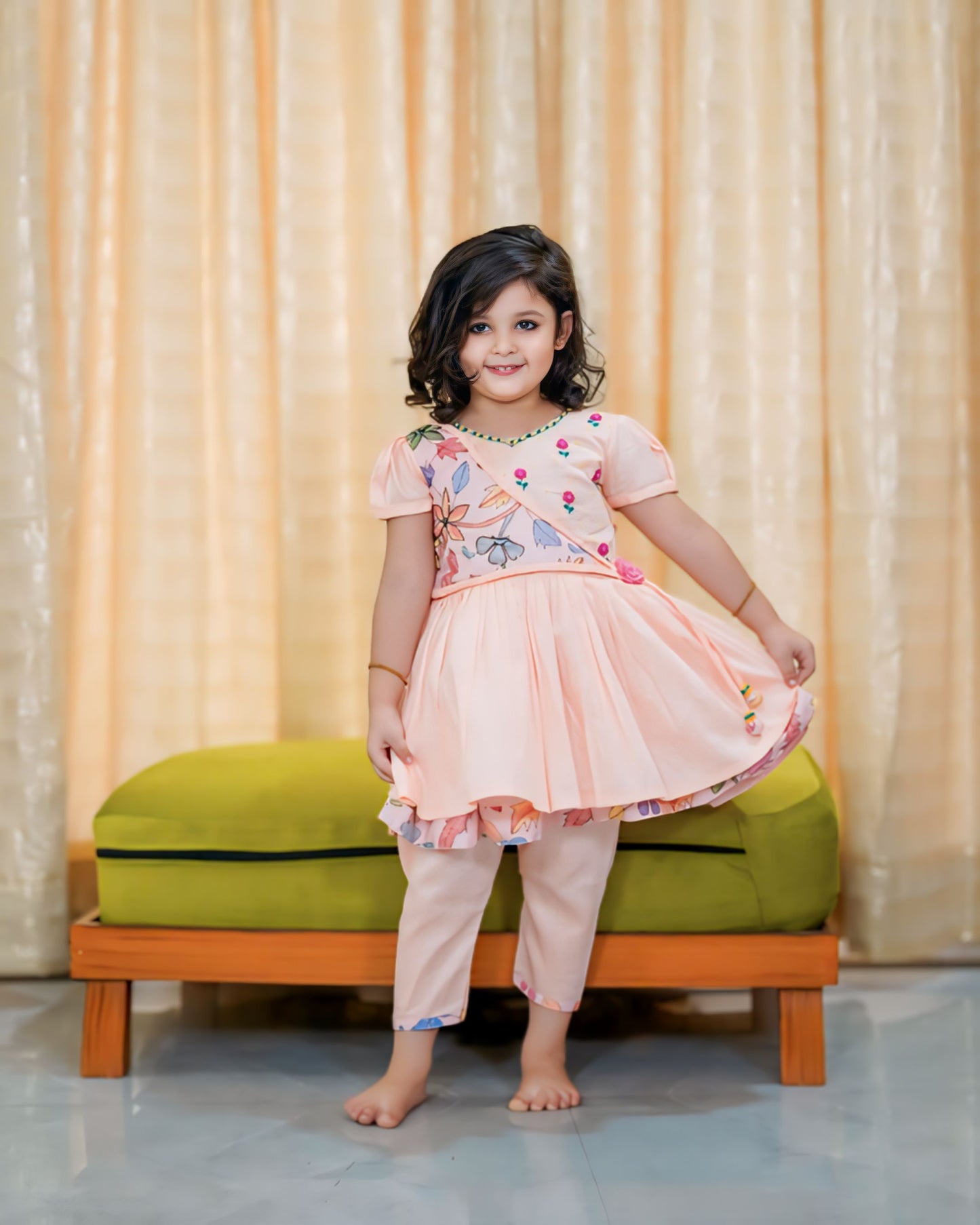 Girls Peach Floral Embroidery Kurta With Straight Pant
