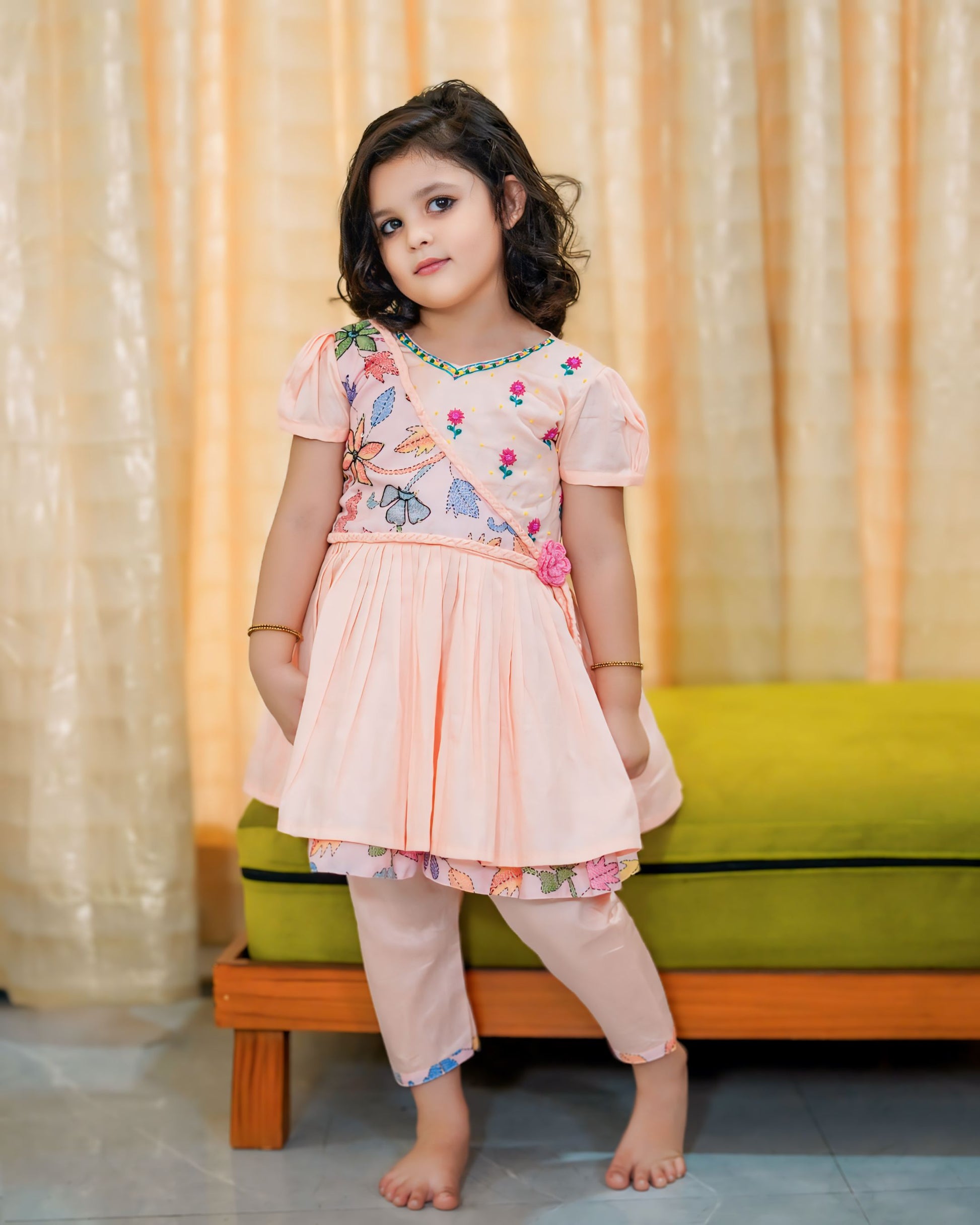 Girls Peach Floral Embroidery Kurta With Straight Pant