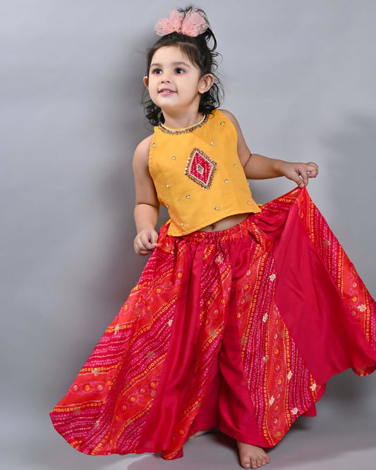 Girls Hand work Mustard Top With Bandhani Palazzo