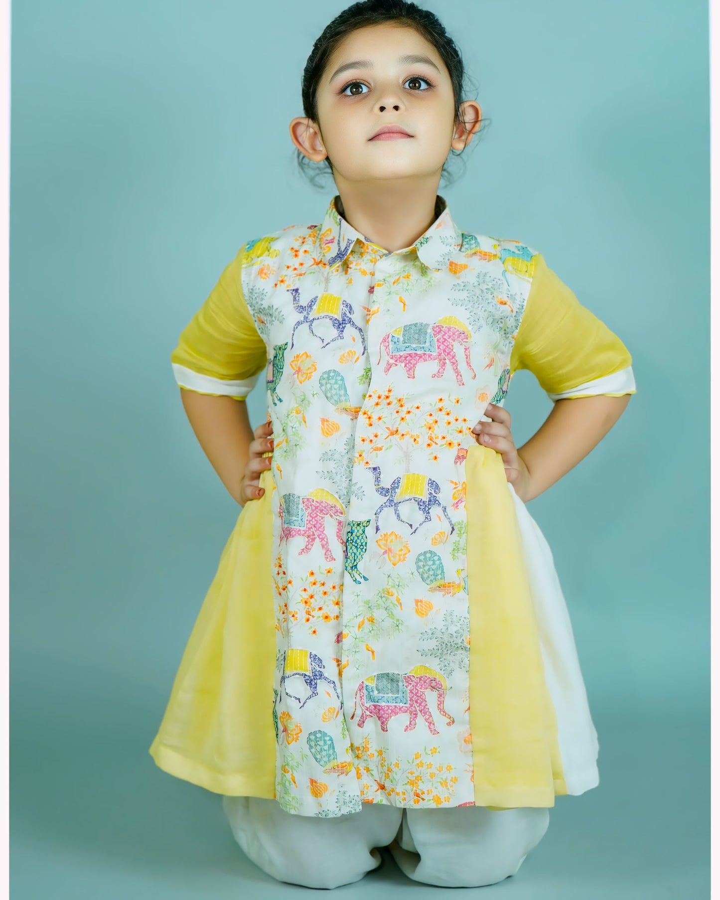 Girls : Collar Neck Pale Yellow Kurti And Palazzo