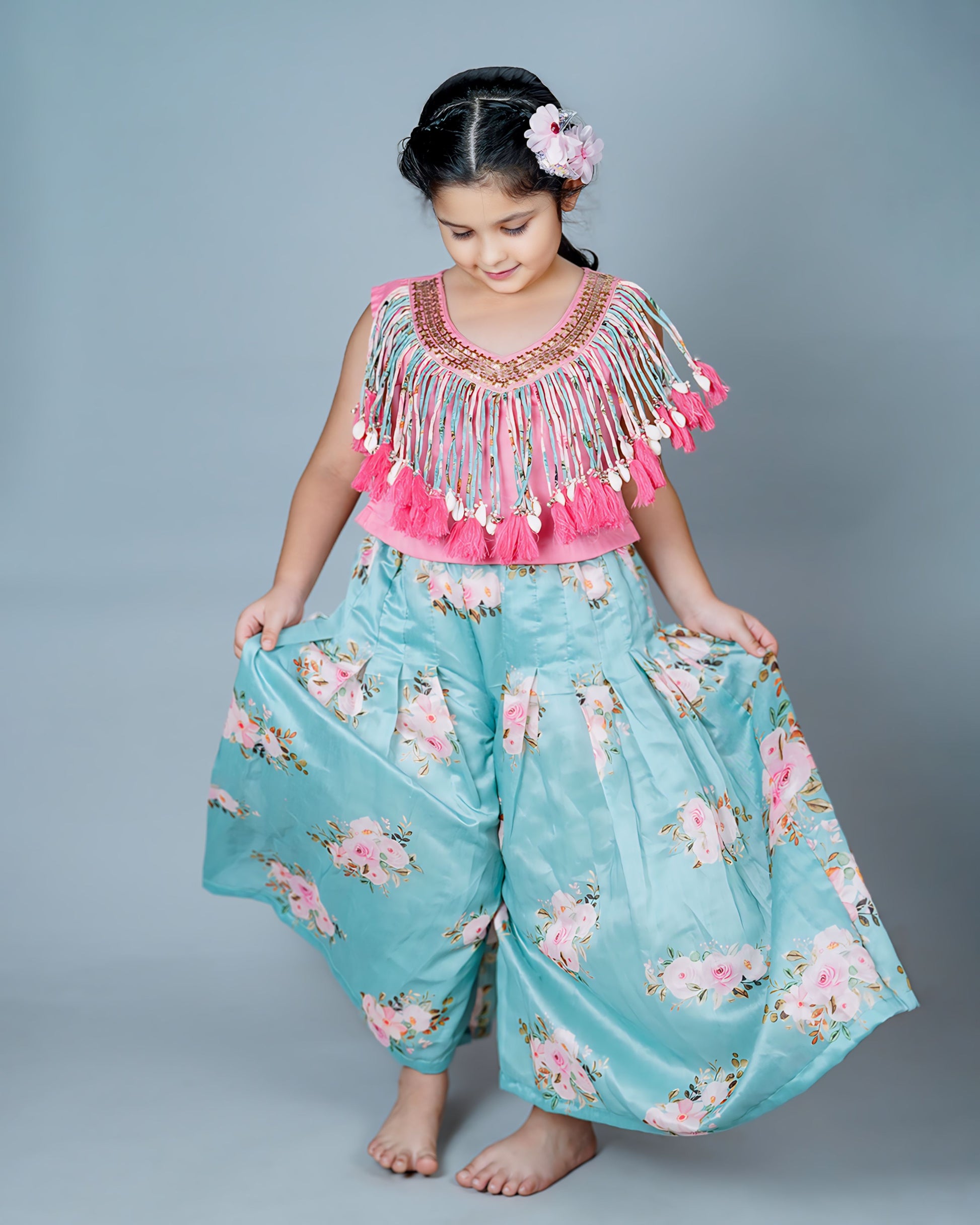 Girls Embroidered Pink Tassels Top with Culotte Pant
