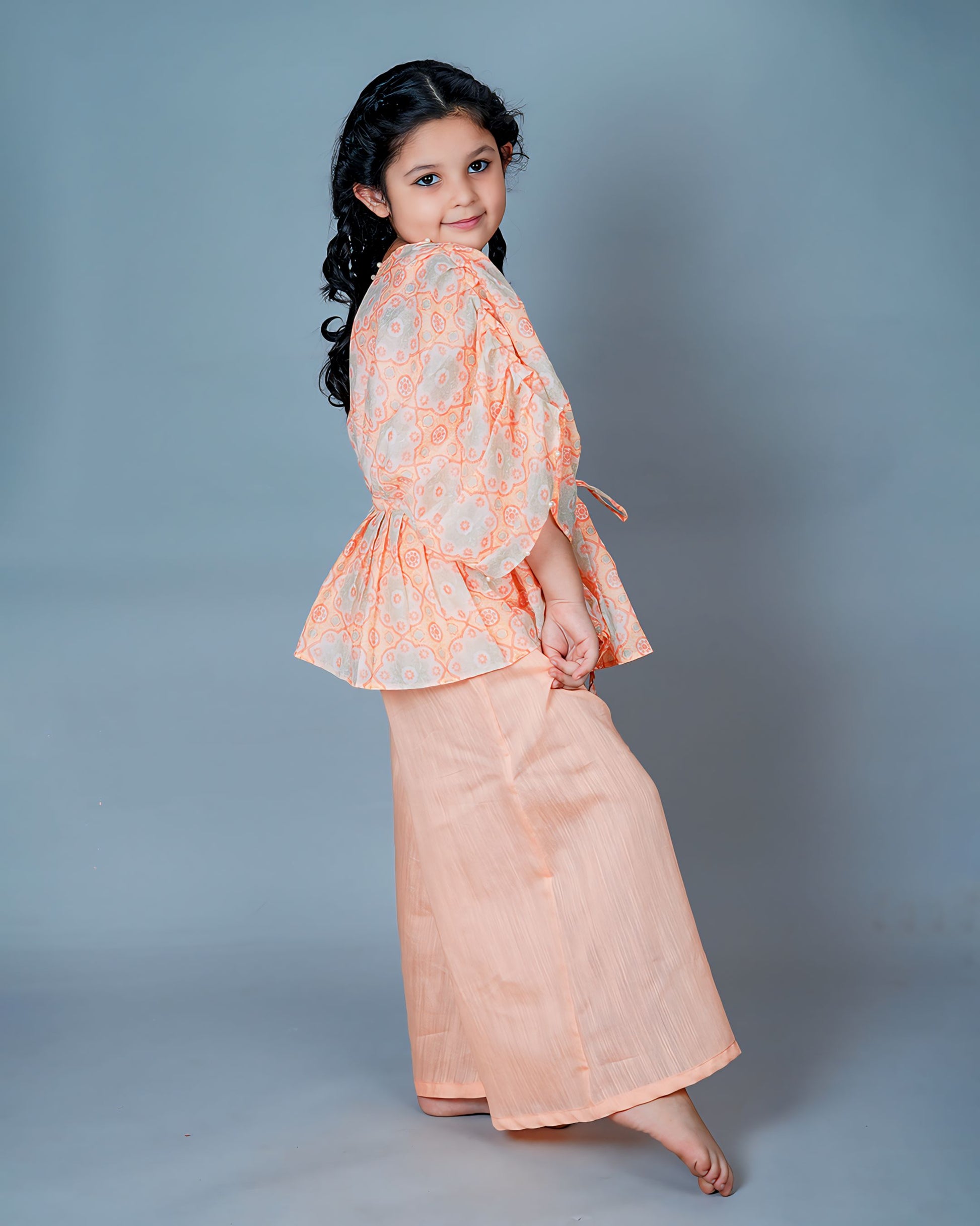 Girls Stylish Pleated Peach Top with Palazzo