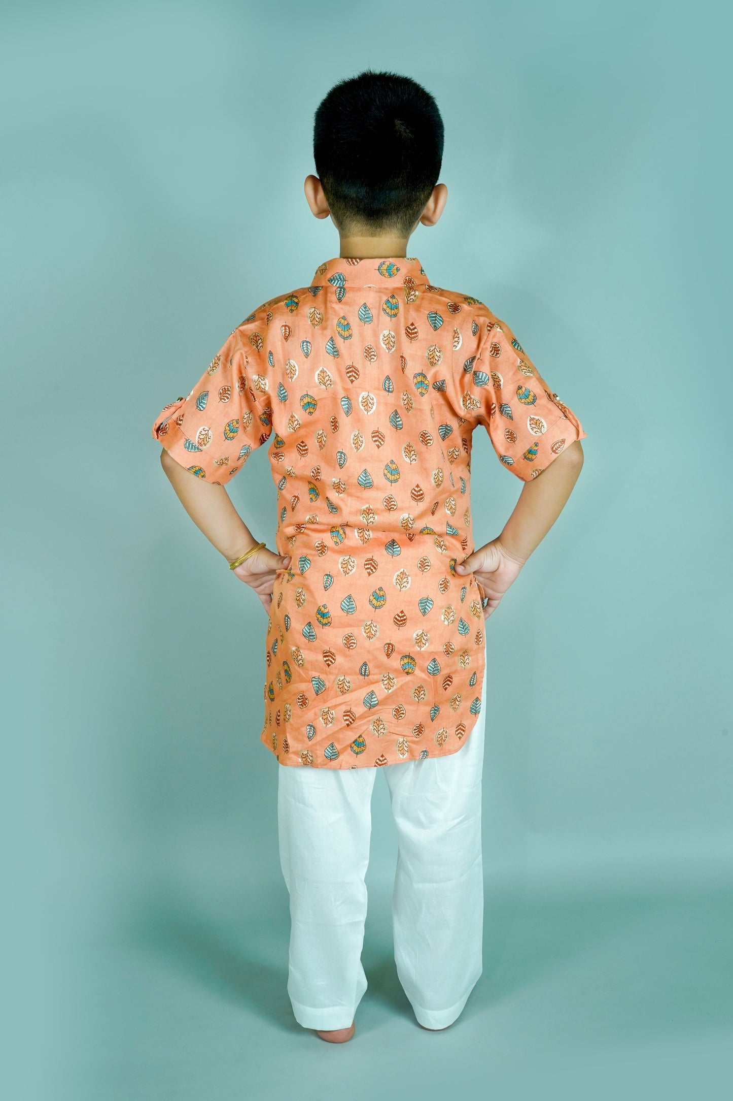 Boys Peach Cotton Silk Floral Kurta With Pyjama