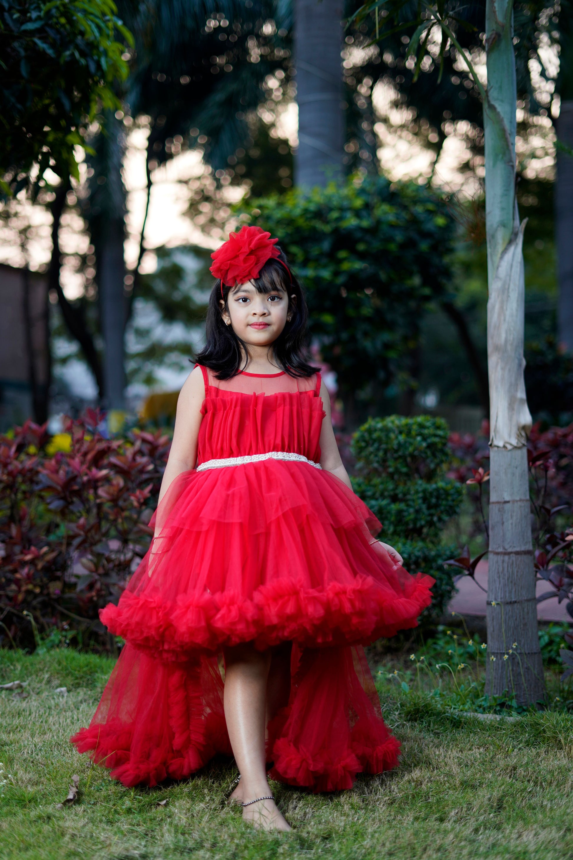 Embroidered Ruffle Hem Red Dress With Detachable Trail