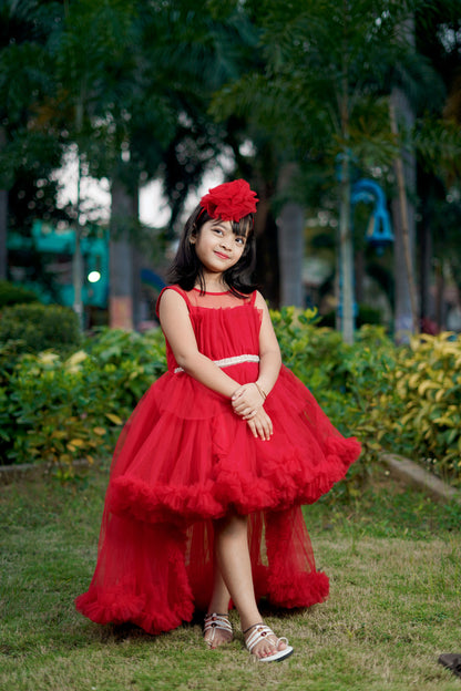 Embroidered Ruffle Hem Red Dress With Detachable Trail