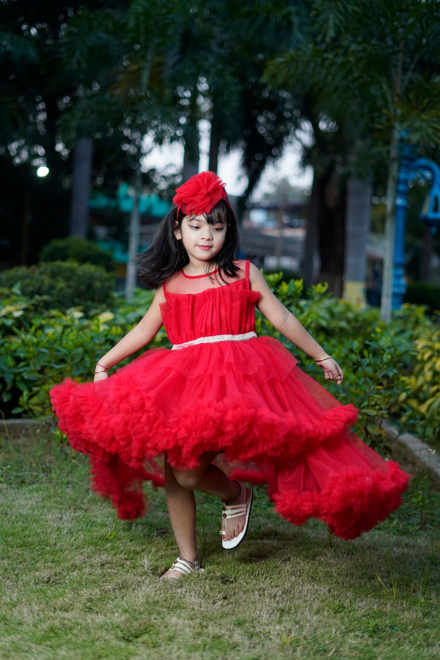 Embroidered Ruffle Hem Red Dress With Detachable Trail