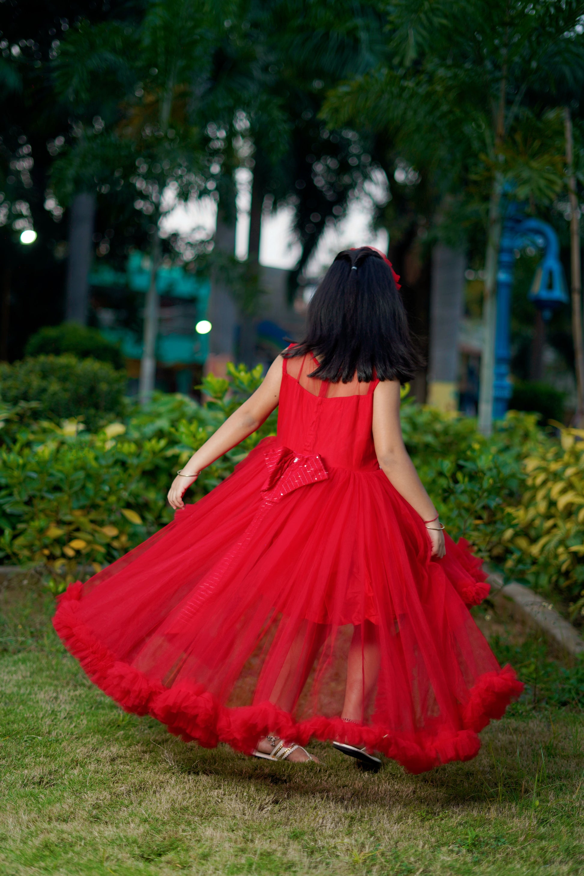 Embroidered Ruffle Hem Red Dress With Detachable Trail