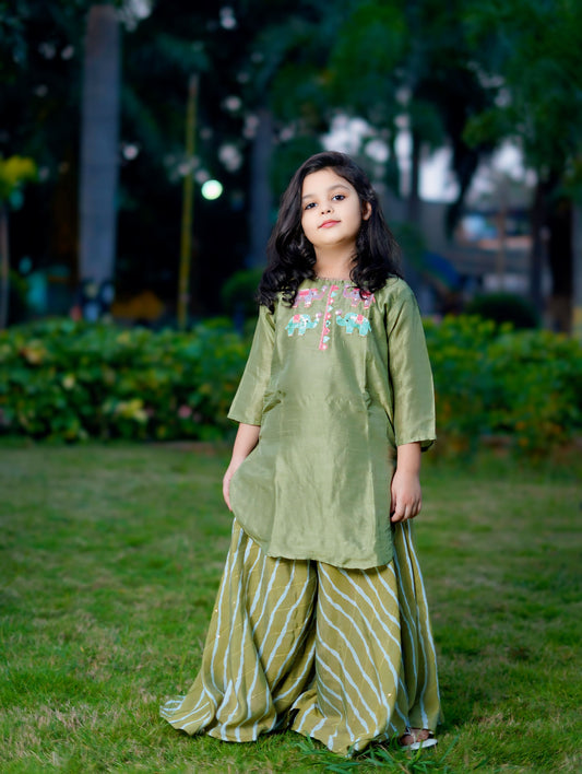 Girls Olive Green Embroidered Kurti With Palazzo