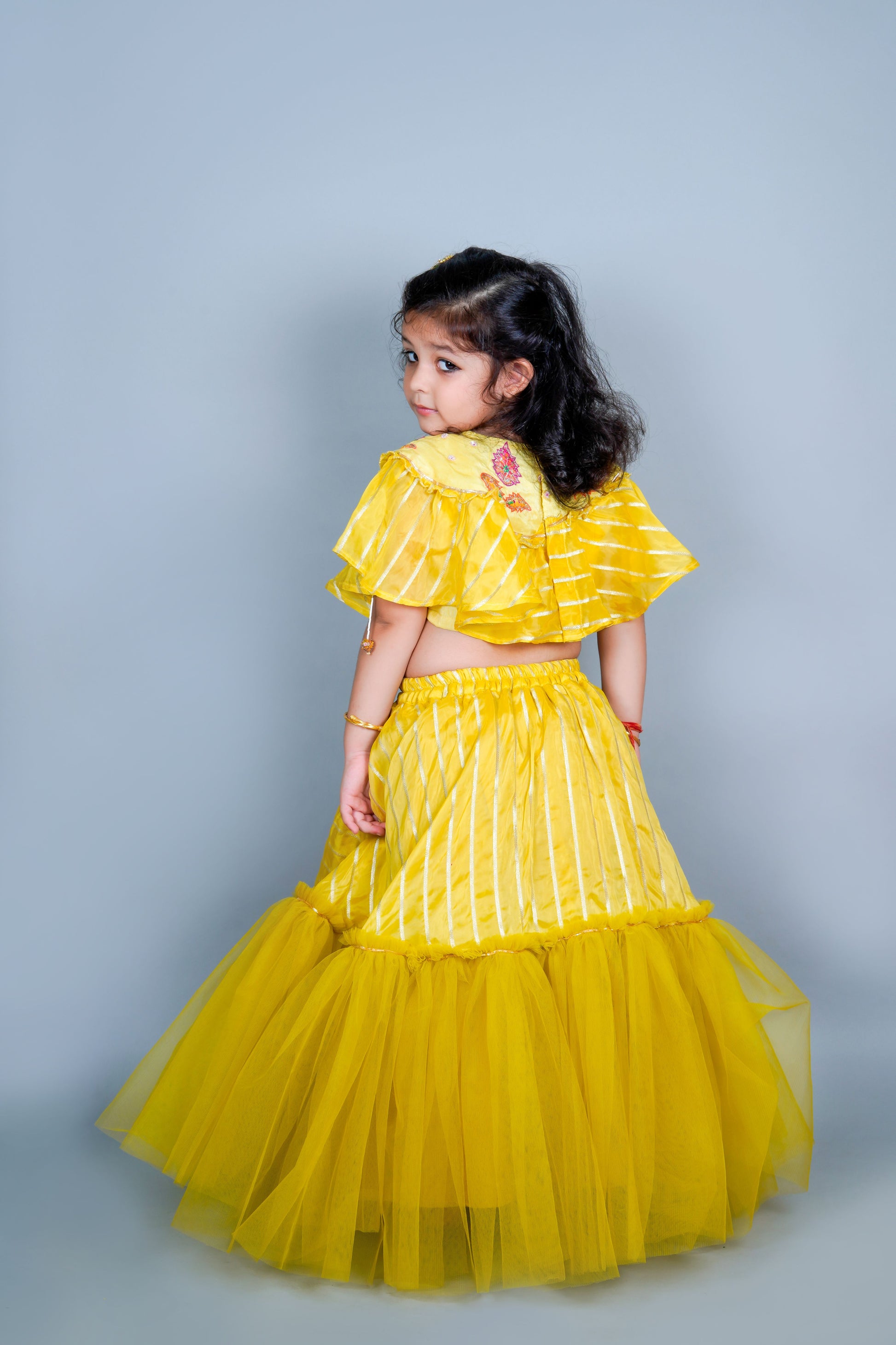 Mustard Hand Embroidered Cape Top With Lehenga