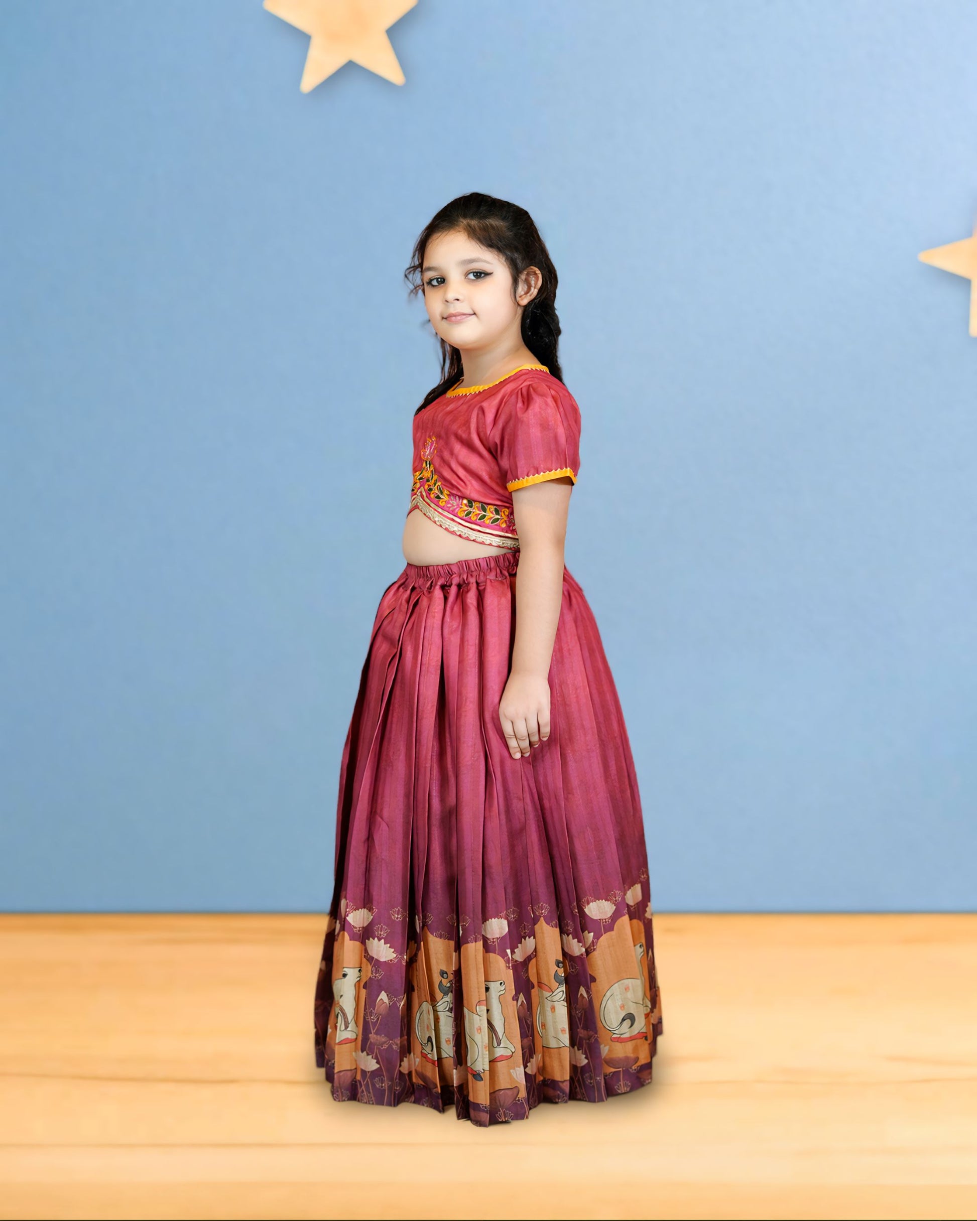 Girls Embroidered  Brown Cow Print lehenga