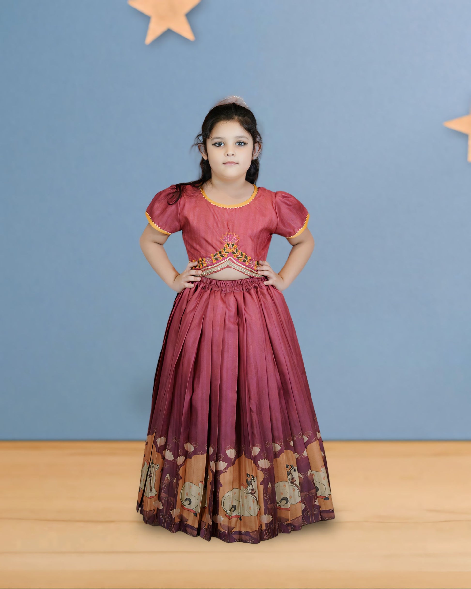 Girls Embroidered  Brown Cow Print lehenga