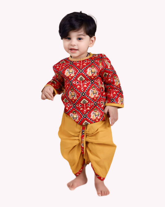 Baby Boy Patola Red Kurta With Dhoti Pant