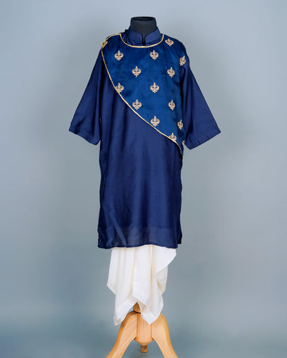 Boys Blue Embroidered kurta with attached jacket And Patiyala