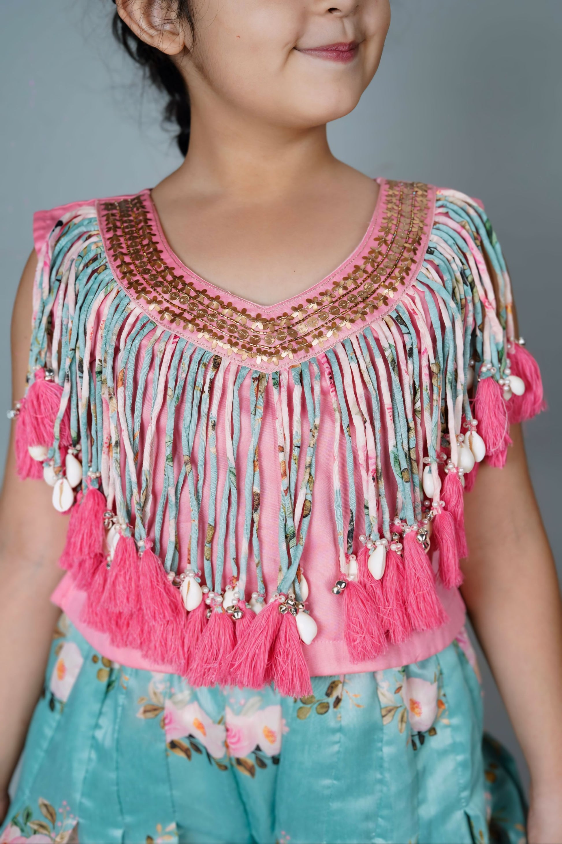 Girls Embroidered Pink Tassels Top with Culotte Pant