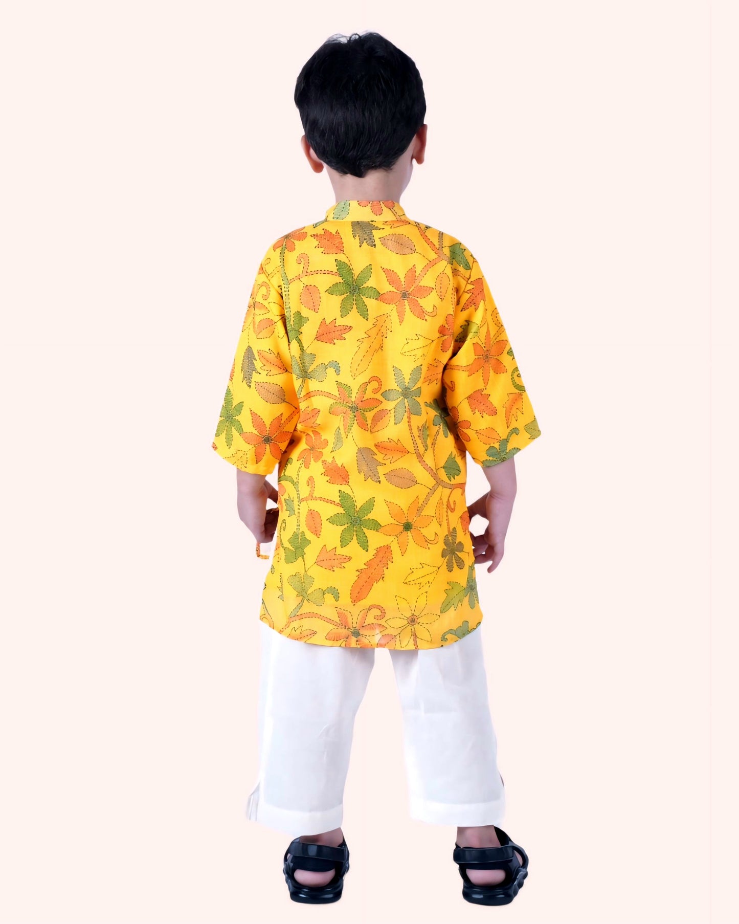 Boys Yellow Katha Prints Kurta And Pyjama