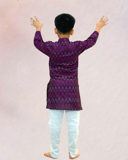 Boys Embroidered Mauve Cotton Ikat Silk Kurta With Churidar Pant