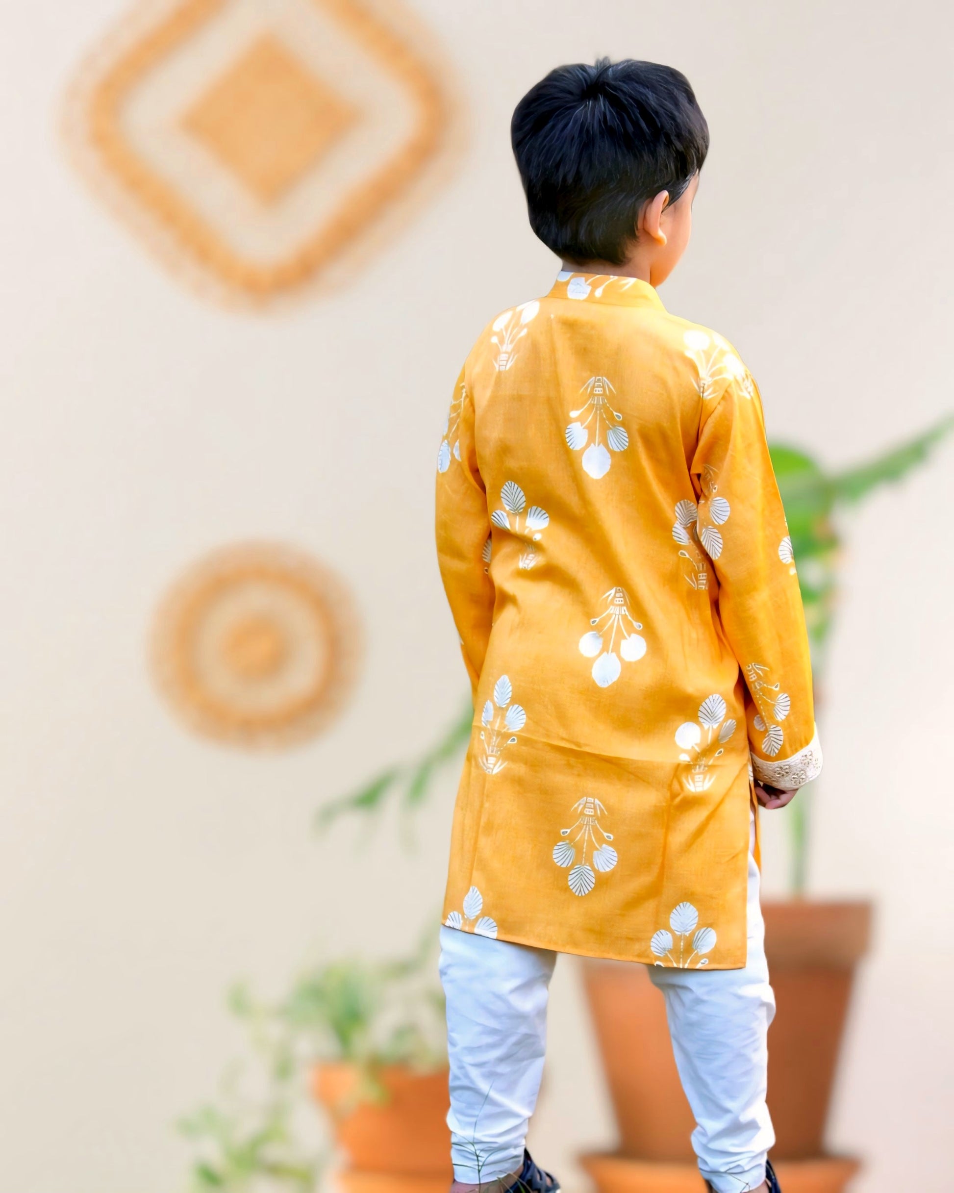 Boys Marigold Orange Floral Print Kurta With Pyjam
