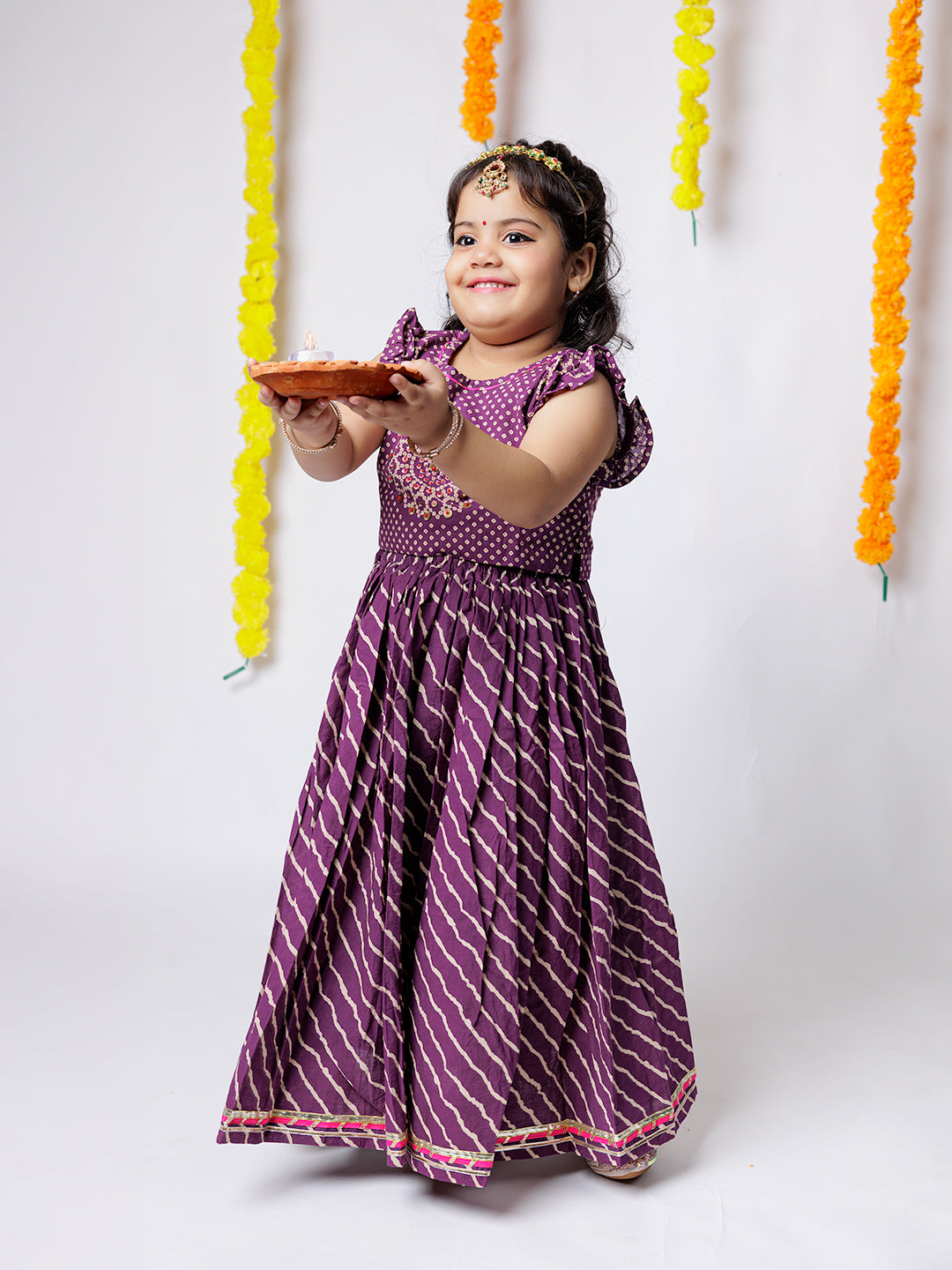 Royal Charm – Purple Bandhani Print Lehenga Set for Girls