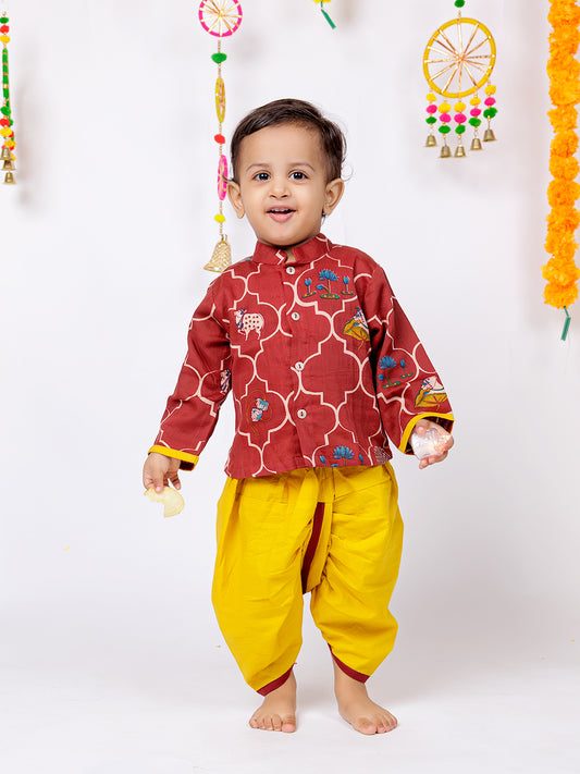 Divine Bloom – Maroon Print Kurta with Mustard Dhoti