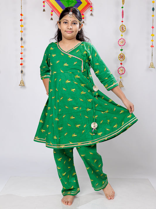 Vibrant Green Parrot Motif Angrakha Kurta Pant Set