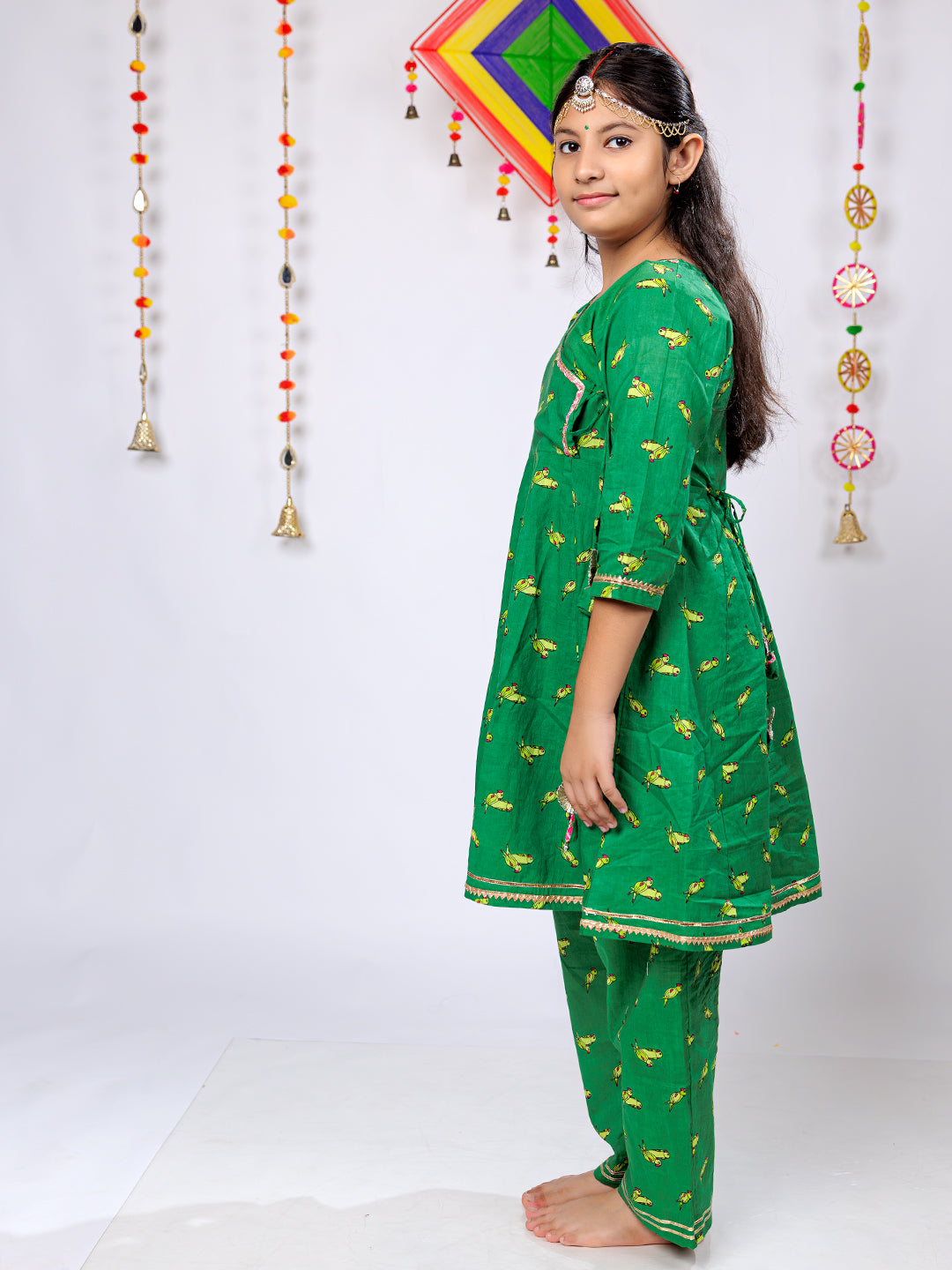 Vibrant Green Parrot Motif Angrakha Kurta Pant Set