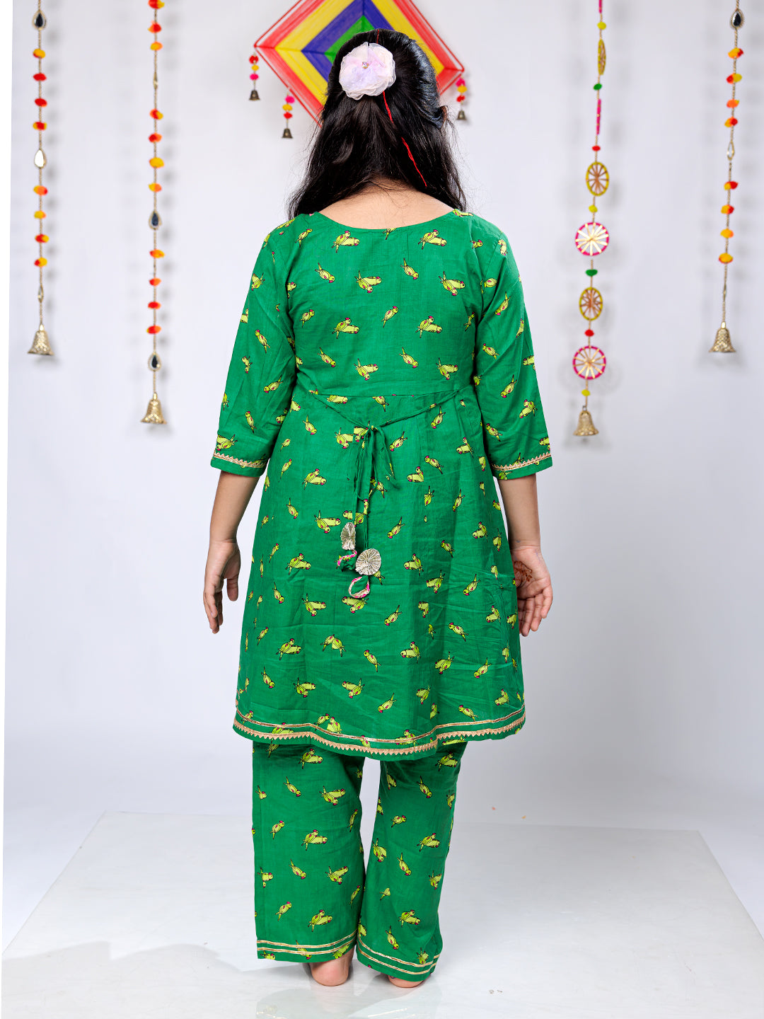 Vibrant Green Parrot Motif Angrakha Kurta Pant Set