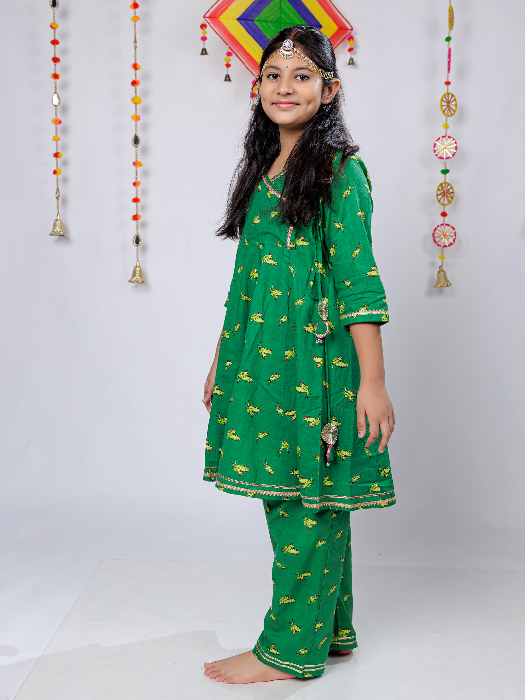 Vibrant Green Parrot Motif Angrakha Kurta Pant Set