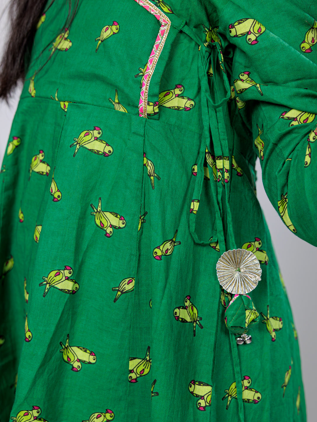 Vibrant Green Parrot Motif Angrakha Kurta Pant Set