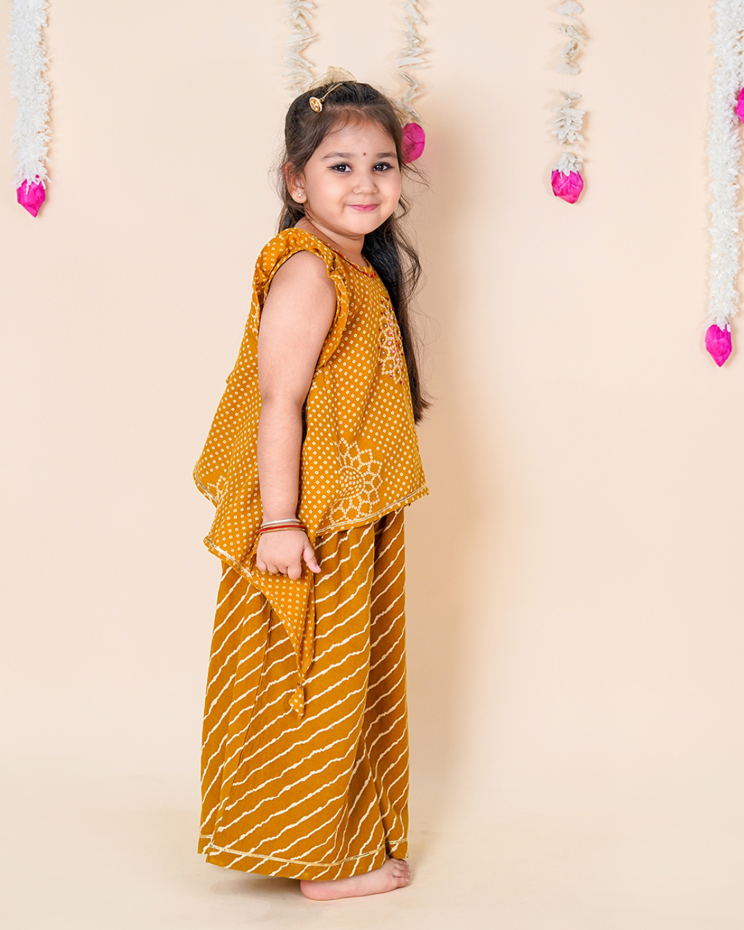 Mustard Bandhani Asymmetric Top & Palazzo