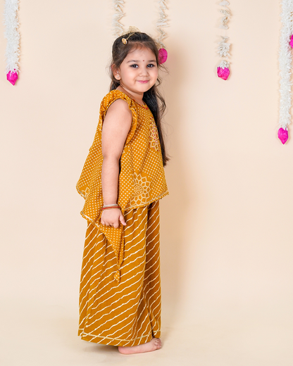 Mustard Bandhani Asymmetric Top & Palazzo