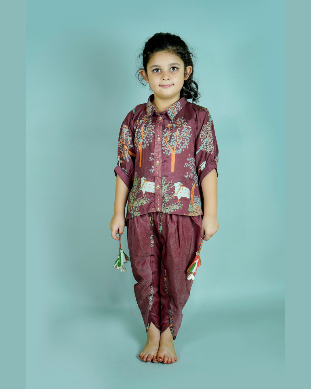 Collar Neck Cow Printed Muslin Silk Kaftan Top And Dhoti Style Pant