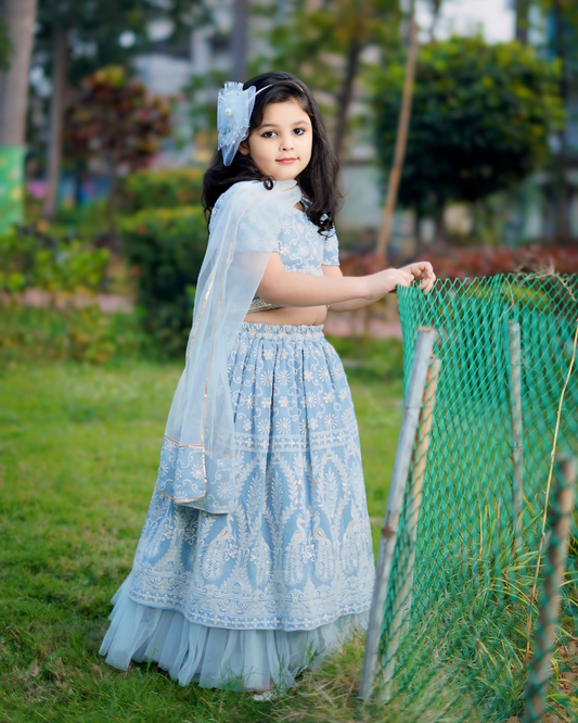 Girls Icy Blue Pure Lakhnavi Embroidered Lehenga Set