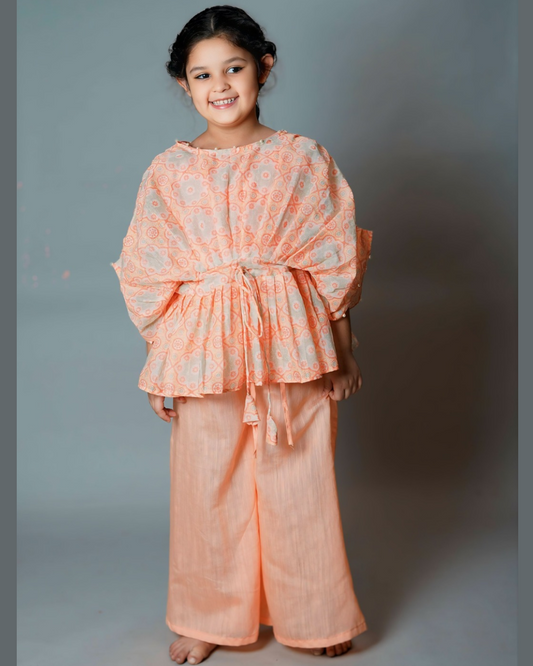 Girls Stylish Pleated Peach Top with Palazzo
