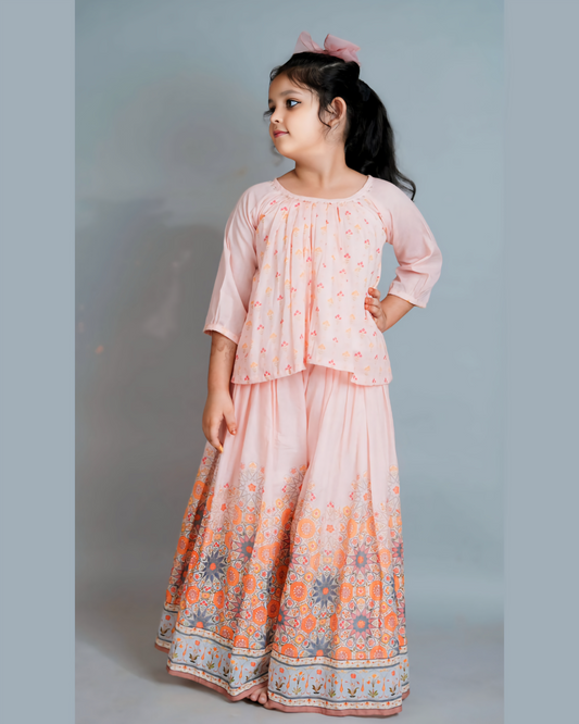 Girls Floral Peach Top With Flared Palazzo