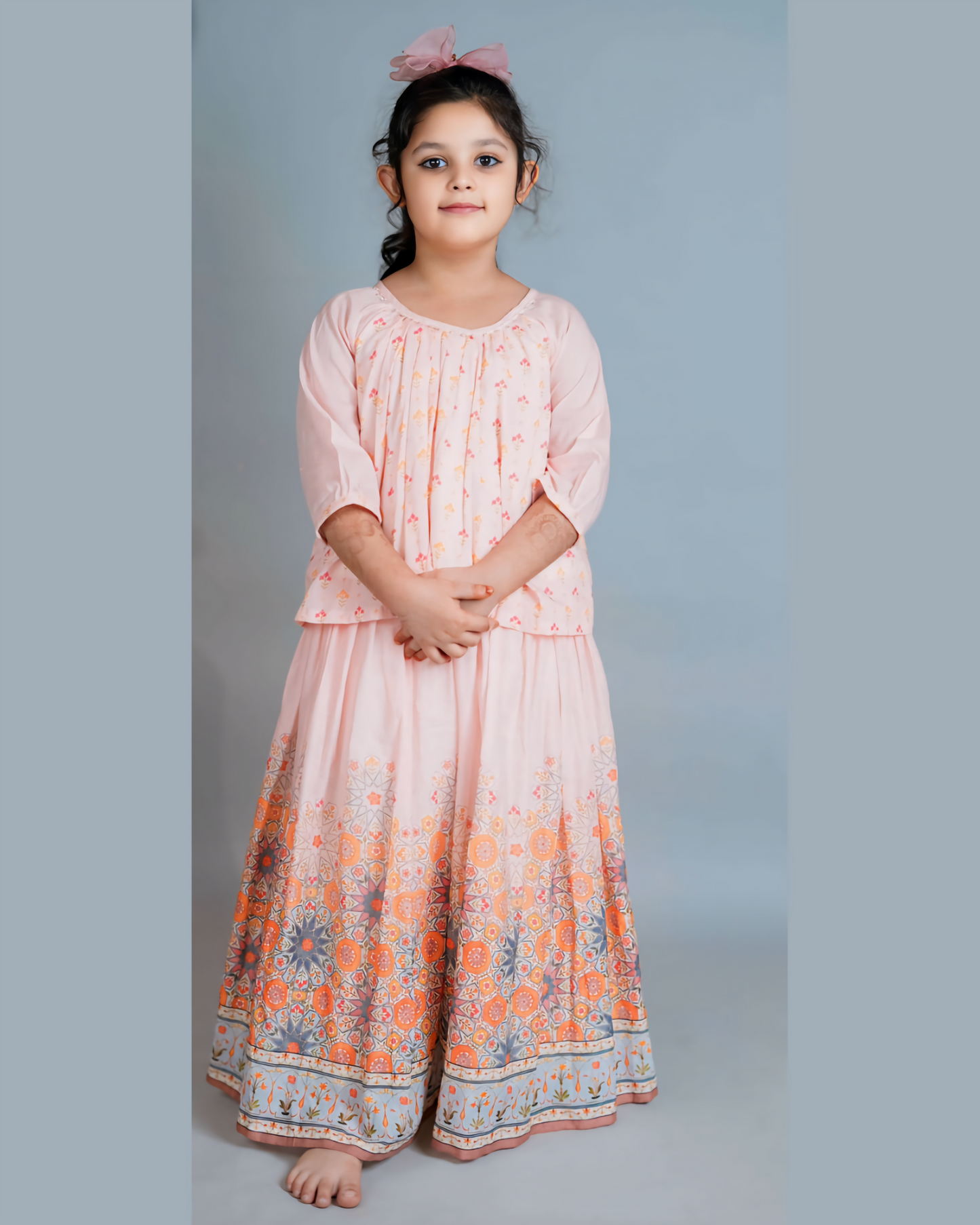 Girls Floral Peach Top With Flared Palazzo