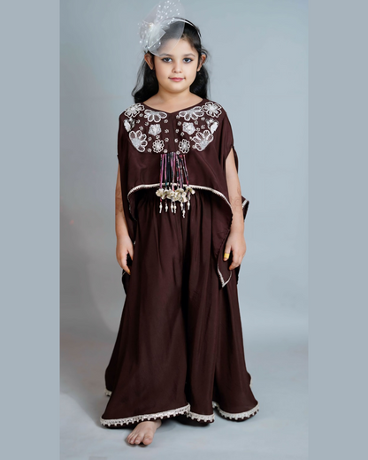 Girls Brown Top With Asymmetric Stylish Cape And Palazzo