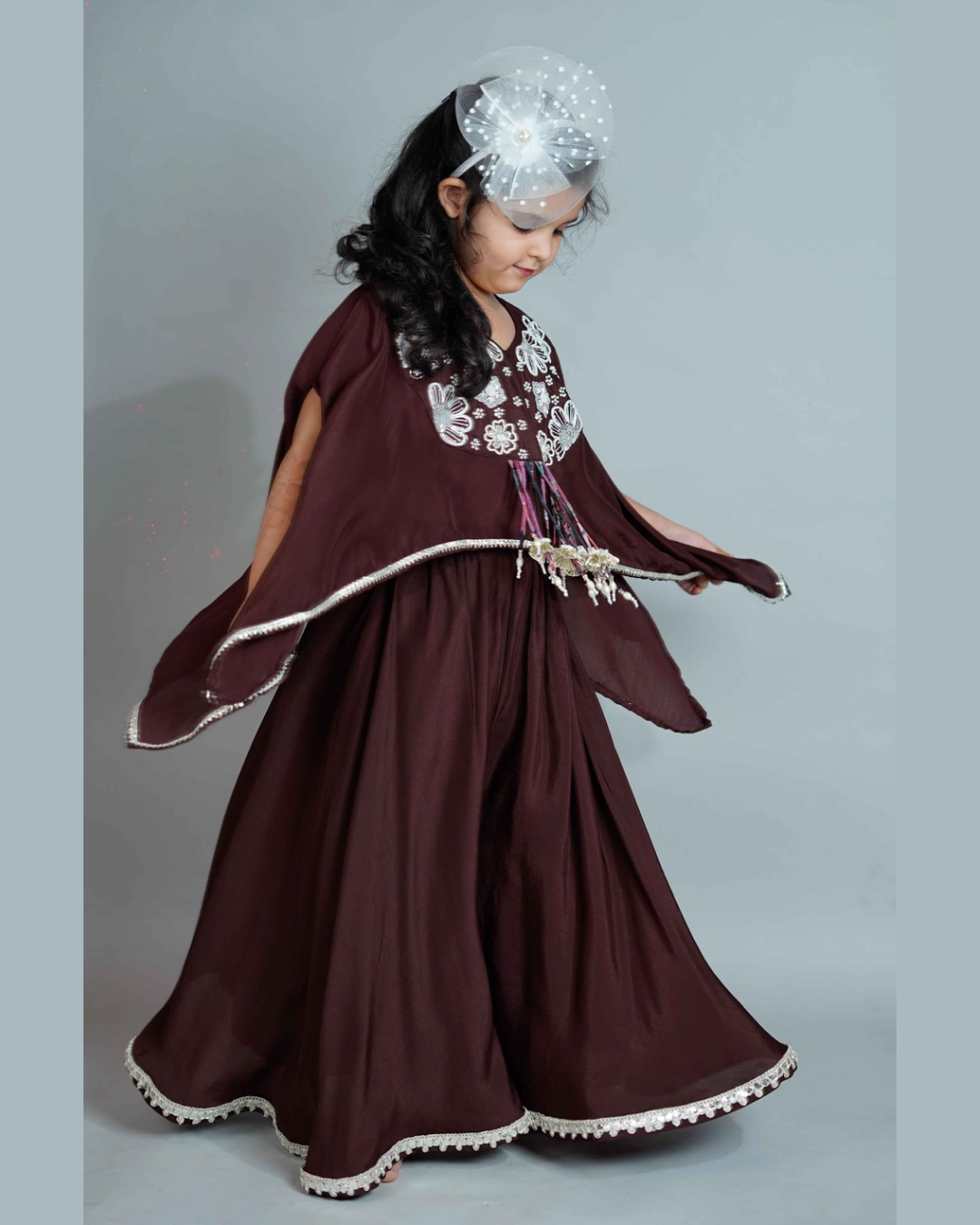 Girls Brown Top With Asymmetric Stylish Cape And Palazzo