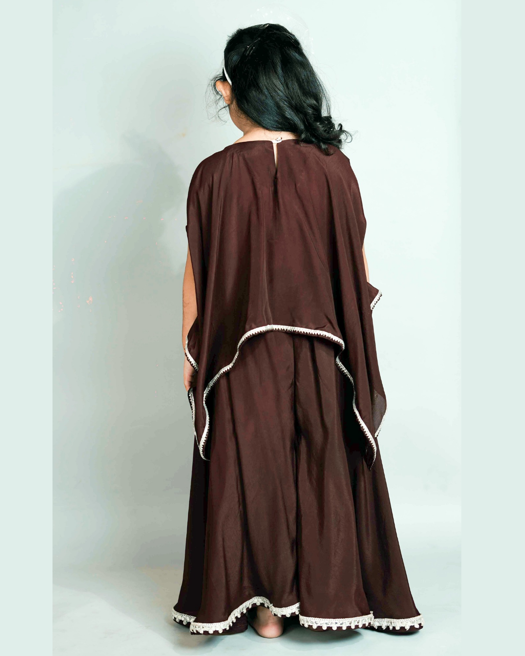 Girls Brown Top With Asymmetric Stylish Cape And Palazzo