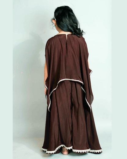 Girls Brown Top With Asymmetric Stylish Cape And Palazzo