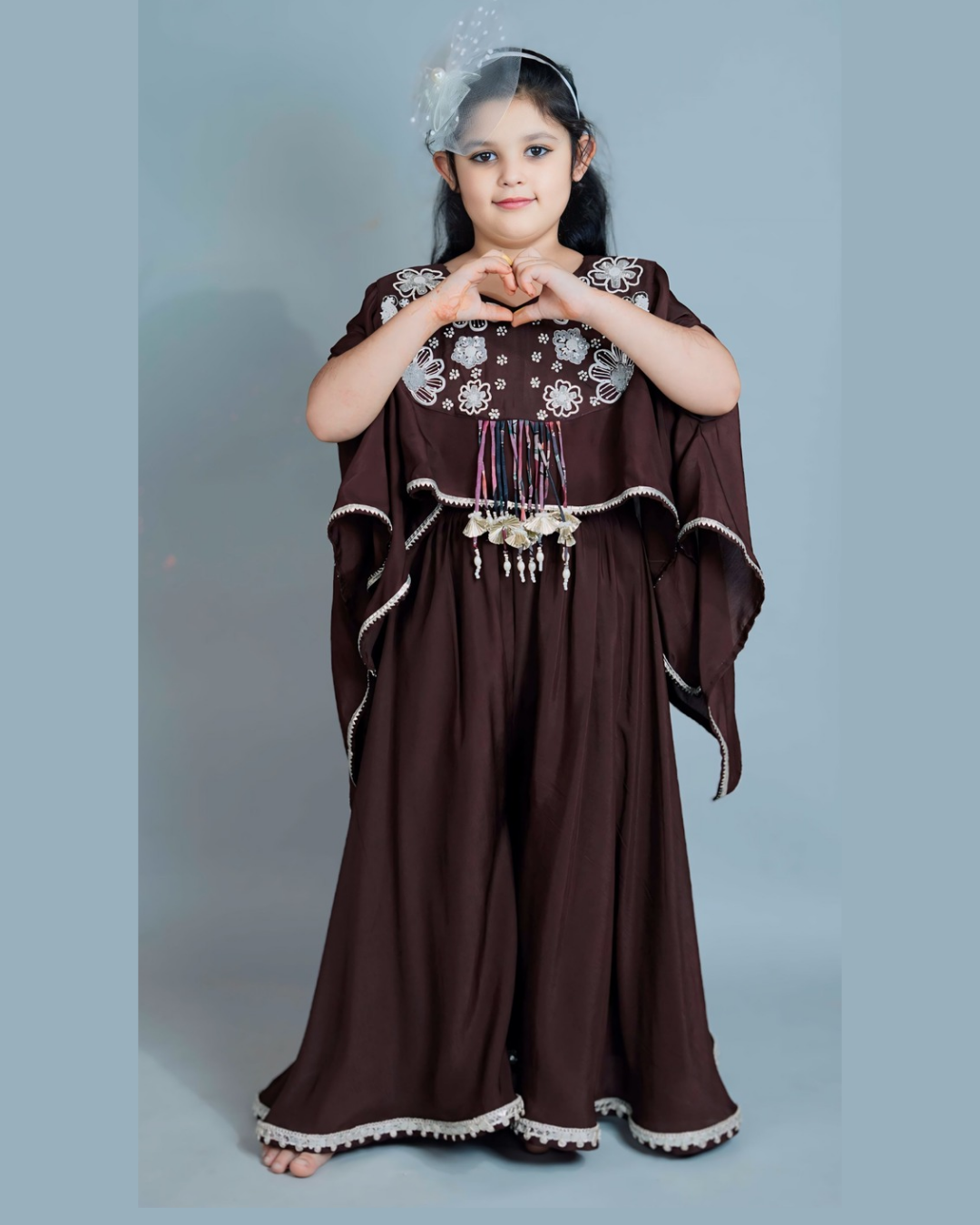 Girls Brown Top With Asymmetric Stylish Cape And Palazzo