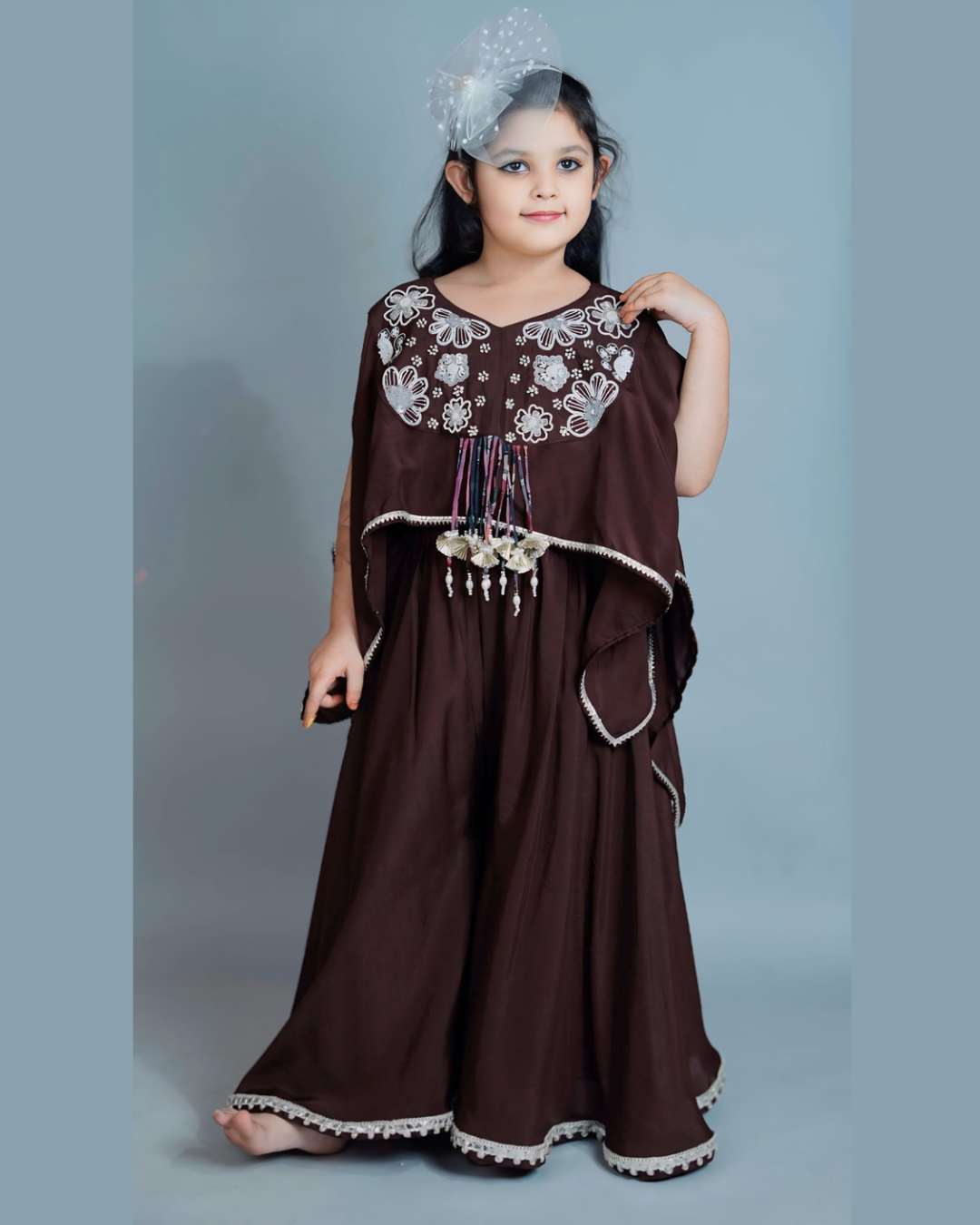 Girls Brown Top With Asymmetric Stylish Cape And Palazzo