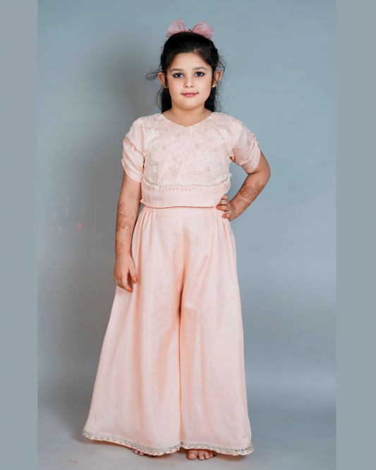 Girls Light Peach Pearl Embroidered Top And Palazzo
