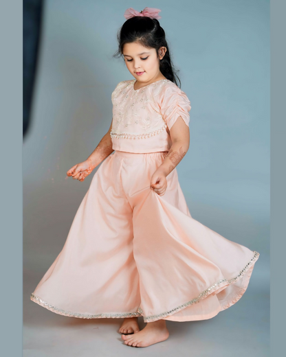 Girls Light Peach Pearl Embroidered Top And Palazzo